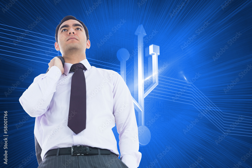 Composite image of businessman standing holding his jacket Composite image of businessman standing holding his jacket