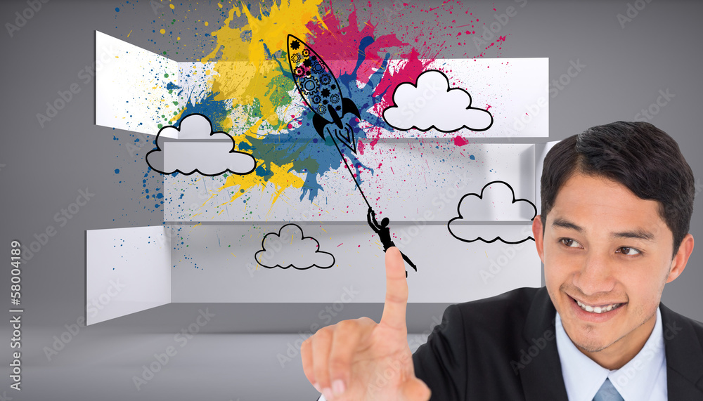 Composite image of smiling asian businessman pointing Composite image of smiling asian businessman pointing