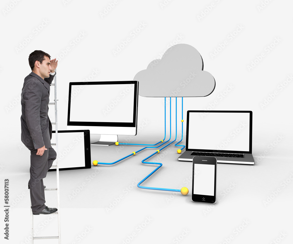 Composite image of stern businessman standing on ladder Composite image of stern businessman standing on ladder