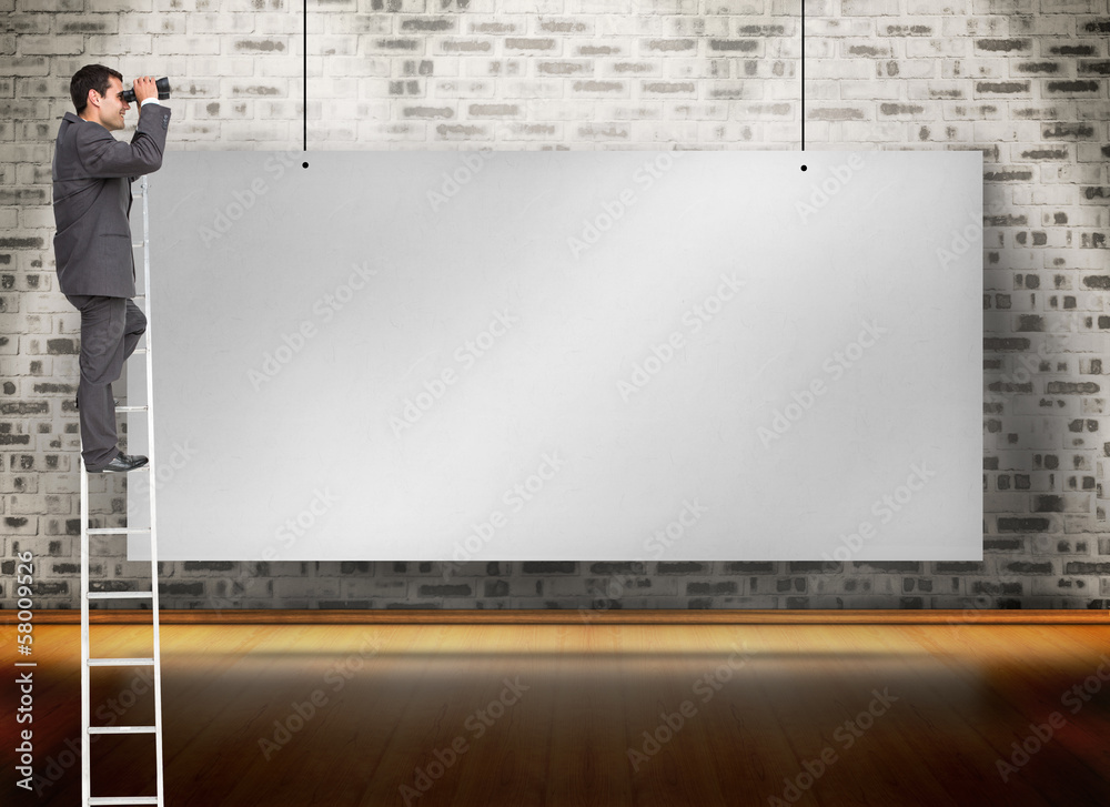 Composite image of businessman standing on ladder using binocula Composite image of businessman standing on ladder using binocula