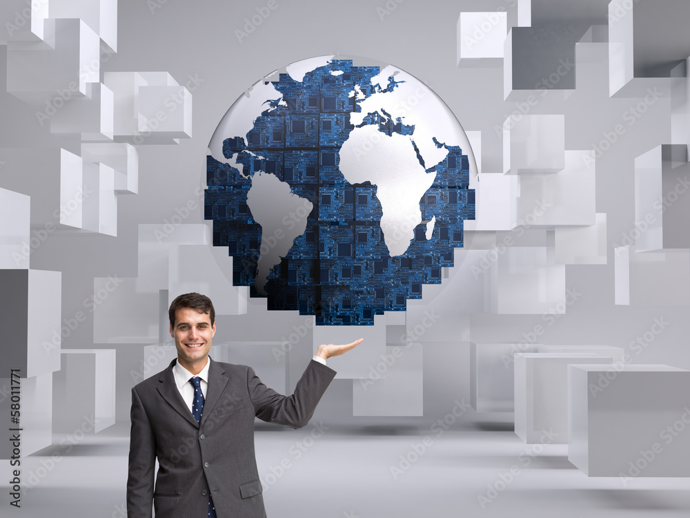 Composite image of happy businessman presenting Composite image of happy businessman presenting