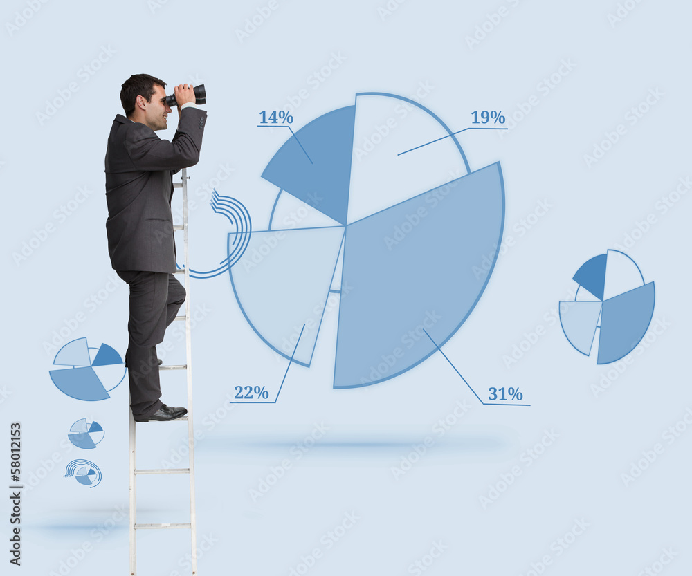 Composite image of businessman standing on ladder Composite image of businessman standing on ladder