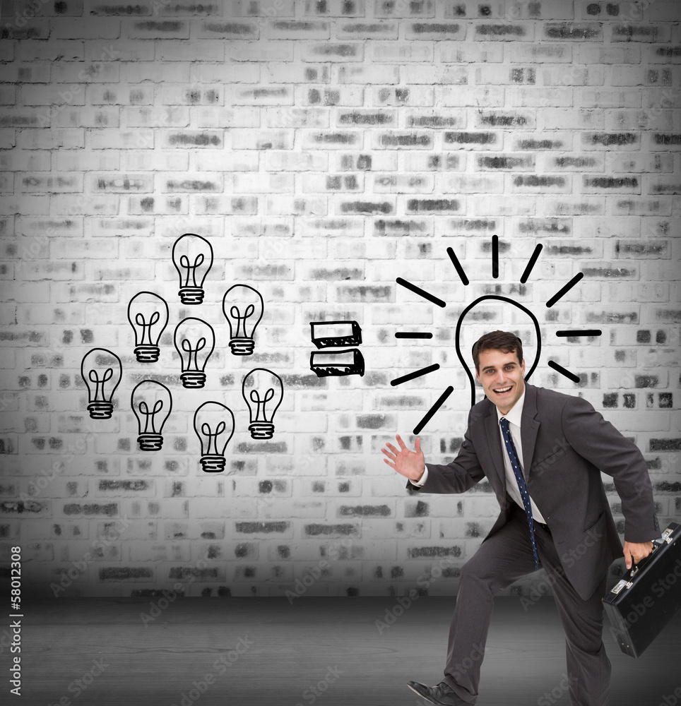 Composite image of cheerful businessman in a hury Composite image of cheerful businessman in a hury