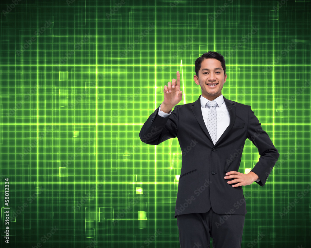 Composite image of smiling asian businessman pointing Composite image of smiling asian businessman pointing