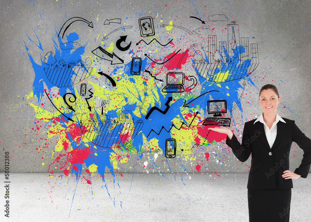 Composite image of charming woman in suit showing a copy space Composite image of charming woman in suit showing a copy space