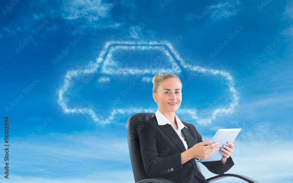 Composite image of businesswoman sitting on swivel chair with ta Composite image of businesswoman sitting on swivel chair with ta
