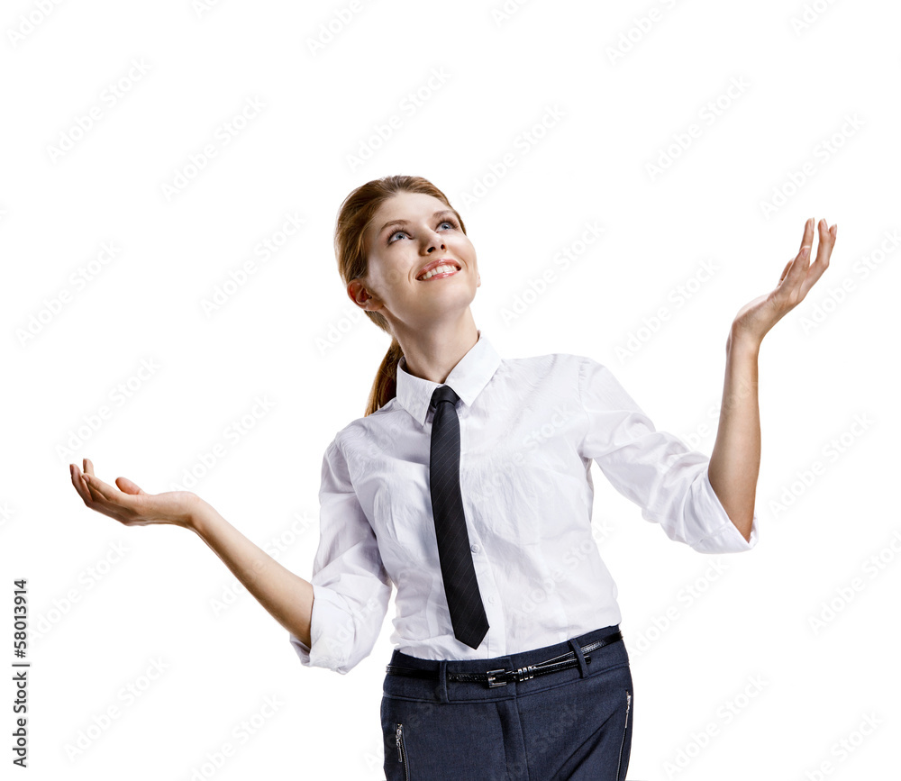 young beautiful excited woman with her hands in the air young beautiful excited woman with her hands in the air