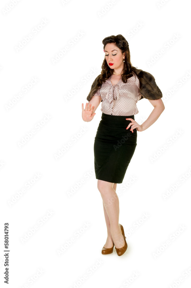 Cute retro woman, checks fingernails, isolated on white Cute retro woman, checks fingernails, isolated on white