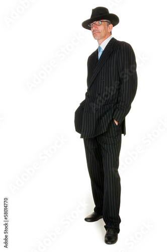Forties retro man in suit & hat, on white