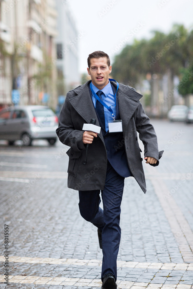 journalist running on urban street
