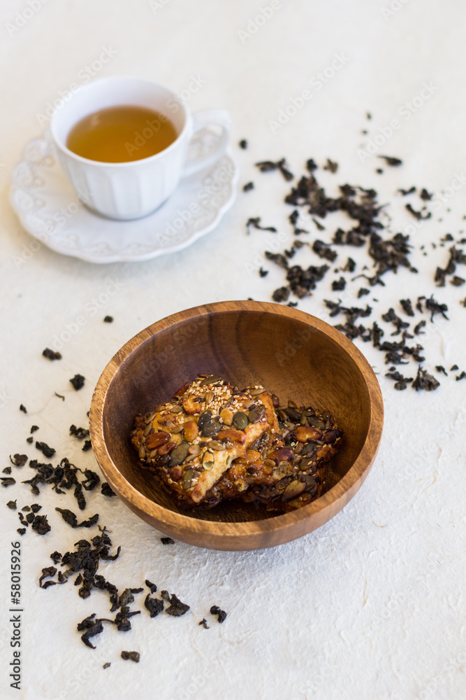 Cup of tea and walnut cookies Cup of tea and walnut cookies