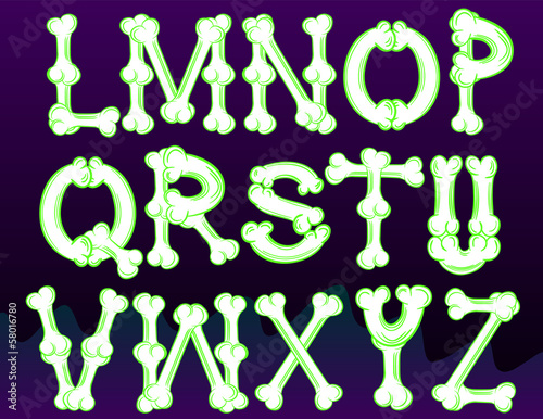 Vector illustration of the alphabet made out of cartoon bones.