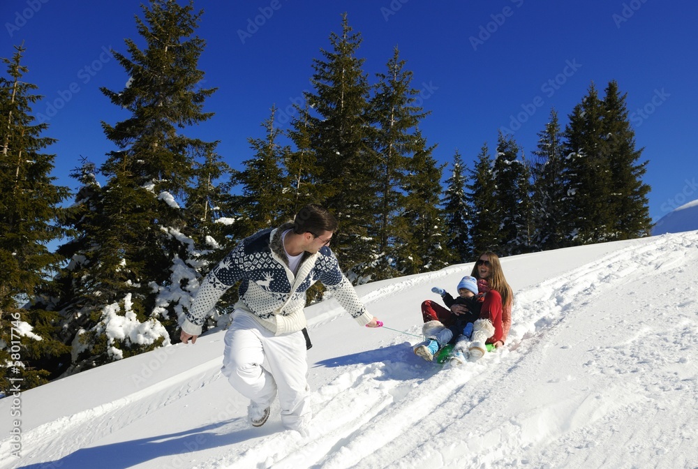 Fototapeta premium family having fun on fresh snow at winter vacation