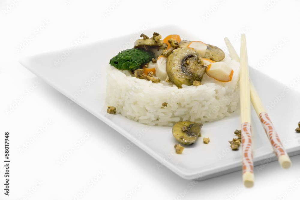 White rice with vegetables. white background White rice with vegetables. white background