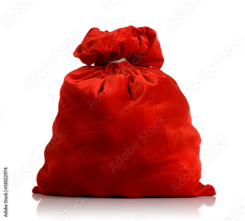 Santa Claus red bag full, on white background.