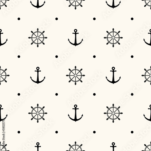Vector seamless nautical pattern with anchors and steering wheels. Geometric minimalistic background for scrapbooking, textile, print, digital paper © svetolk