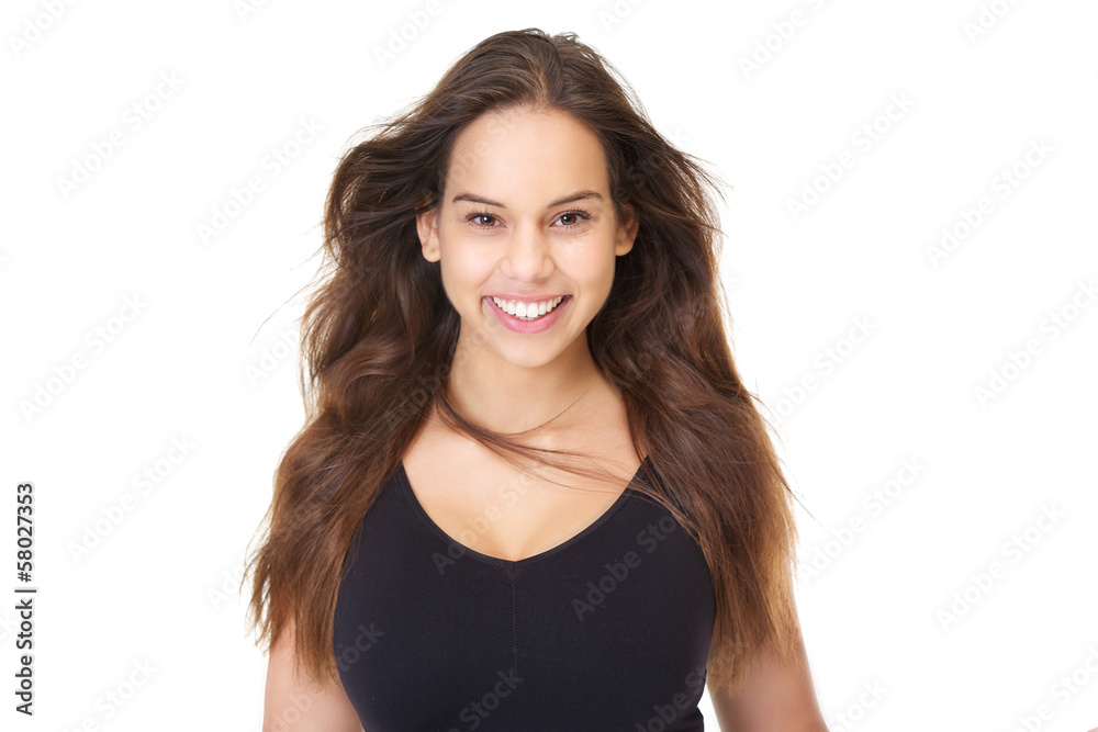 Portrait of a beautiful young woman smiling with flowing hair Portrait of a beautiful young woman smiling with flowing hair