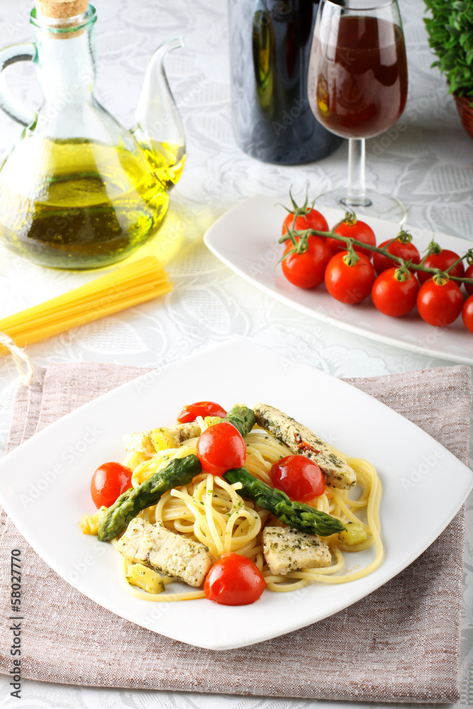 Pasta with swordfish, asparagus and cherry tomatoes