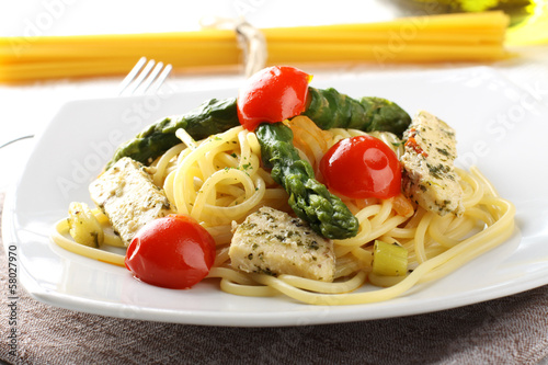 Pasta with swordfish, asparagus and cherry tomatoes