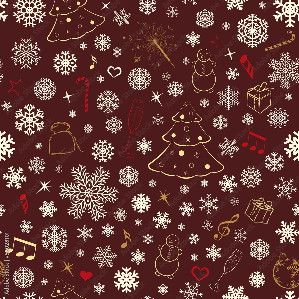 Seamless pattern with snowflakes and Xmas symbols on brown Seamless pattern with snowflakes and Xmas symbols on brown