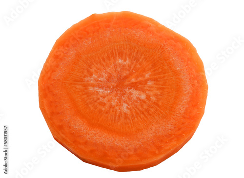 Single slice of carrot, isolated on white background.