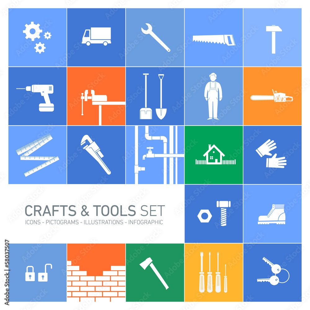 Vector square crafts and tools icon set - obrazy, fototapety, plakaty 