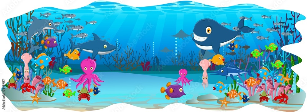 Naklejka premium Sea life cartoon background