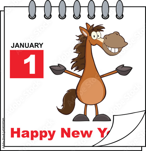 Happy New Year Calendar With Open Arms Smiling Horse