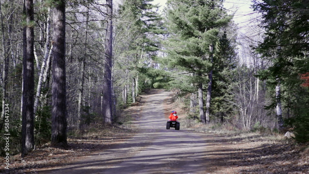 Hunting season - riding four wheeler in woods, blaze orange Hunting season - riding four wheeler in woods, blaze orange