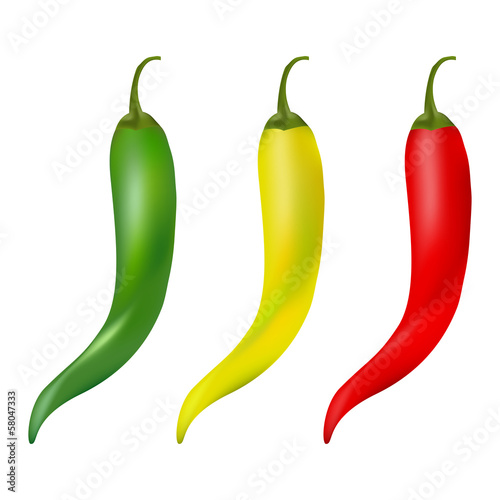 Hot chilli pepper vector set isolated . Red, yellow and green.