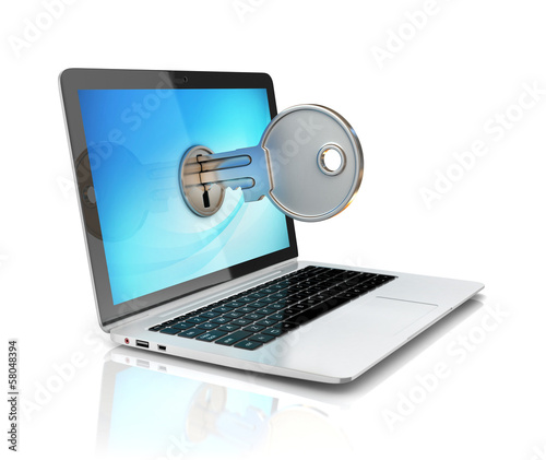 computer security 3d concept - laptop and key