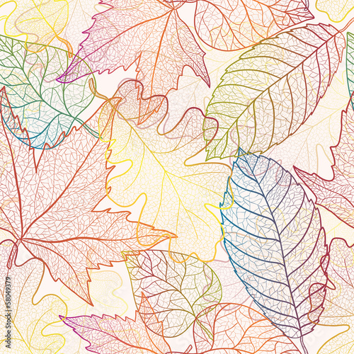 Autumn transparent maple leaves seamless pattern background.