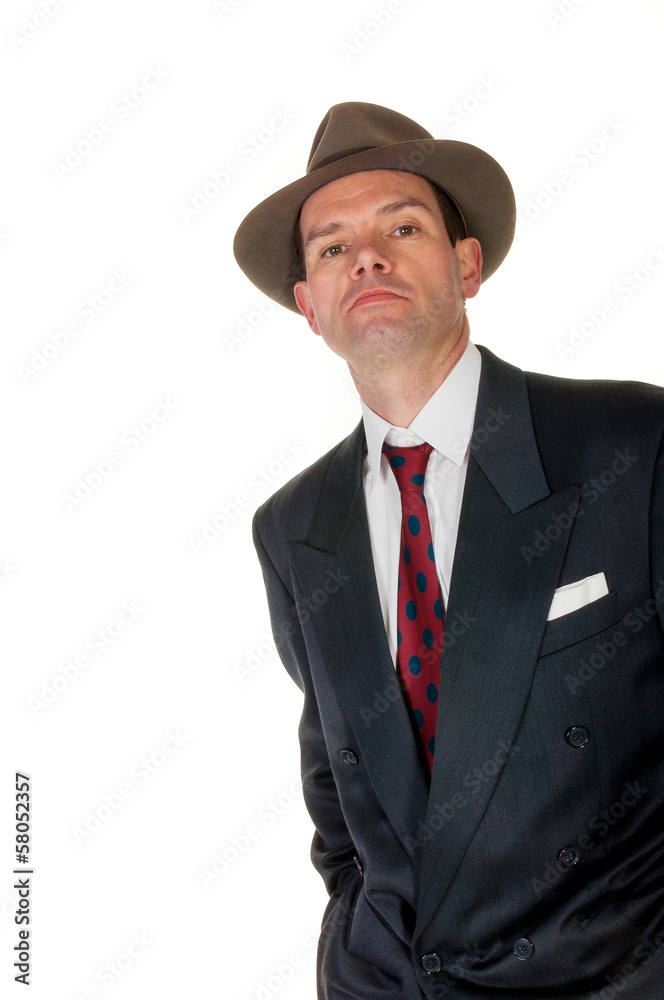 Fifties retro man wearing trilby, on white Fifties retro man wearing trilby, on white