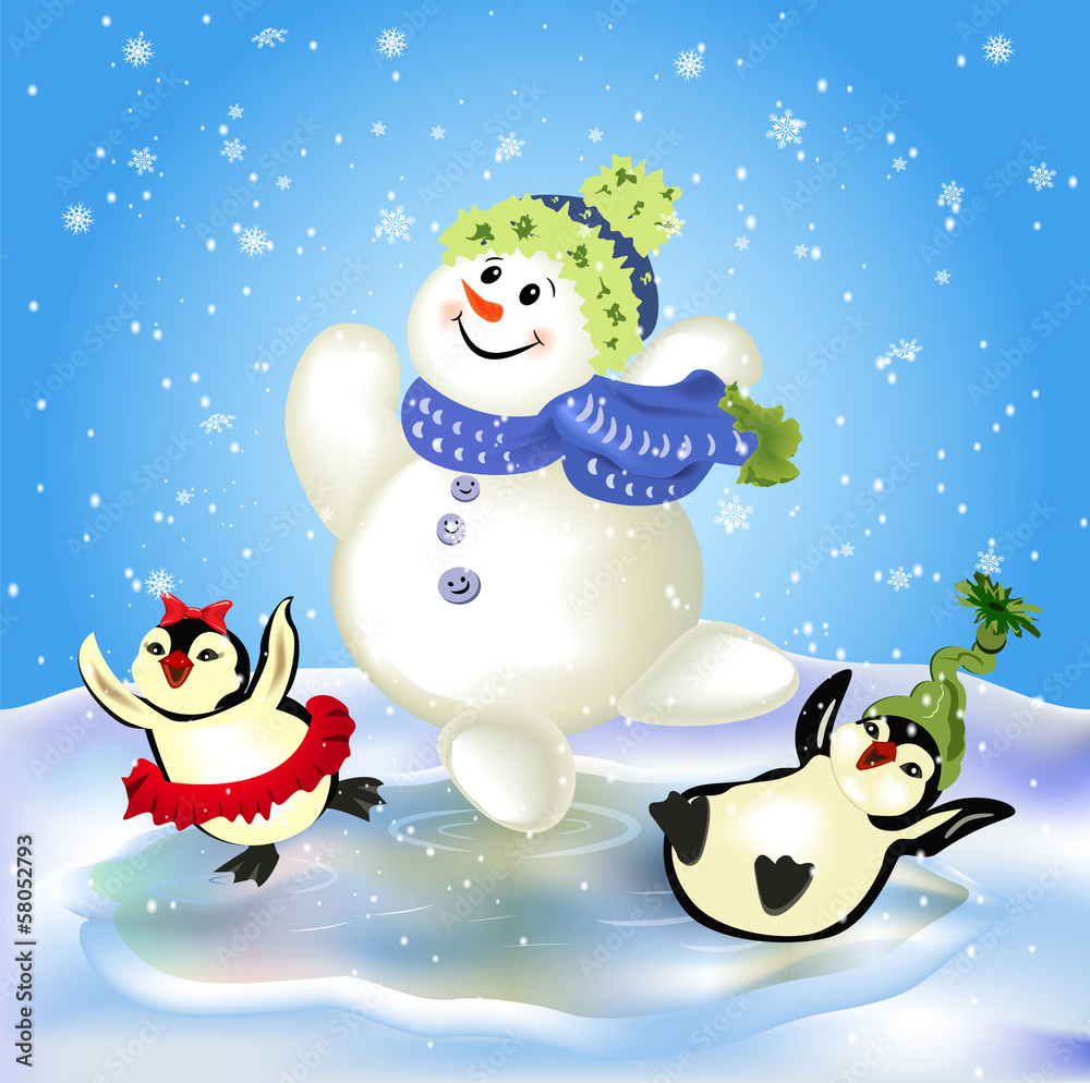 Obraz premium Ice-skating snowman and cute penguins