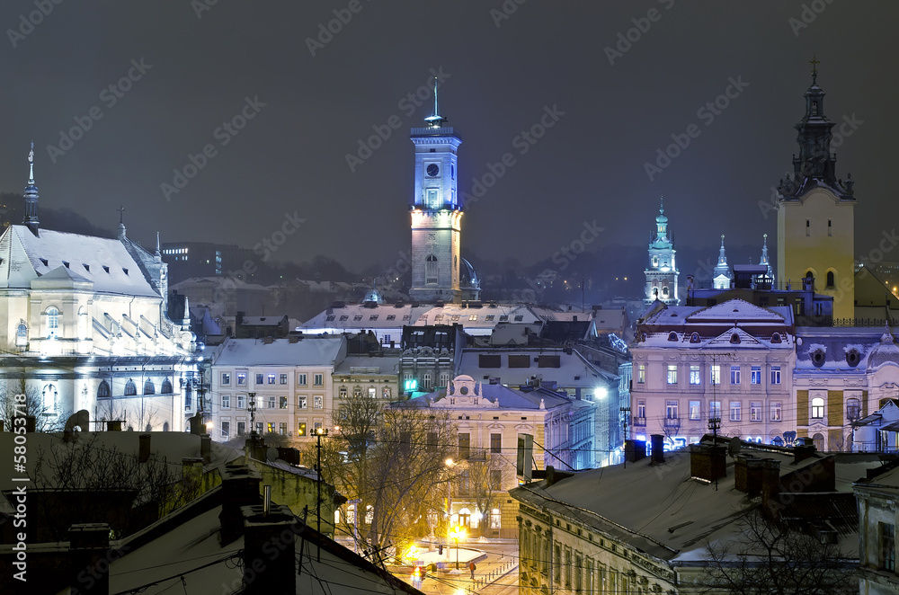 Beautiful winter cityscape in the center of old Lvov city Beautiful winter cityscape in the center of old Lvov city