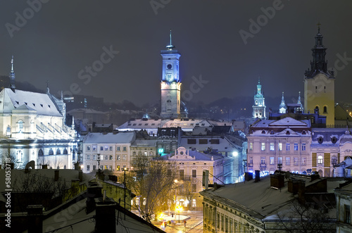 Beautiful winter cityscape in the center of old Lvov city