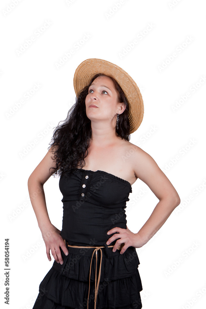 Long-haired brunette in a straw hat Long-haired brunette in a straw hat