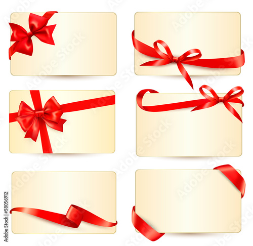 Set of beautiful gift cards with red gift bows with ribbons Vect