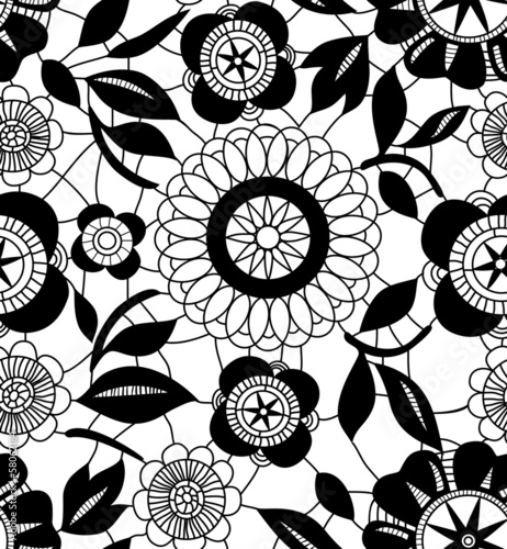 Black lace crochet flowers on white seamless pattern, vector