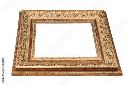 Vintage golden frame with blank space. View  from side. Isolated