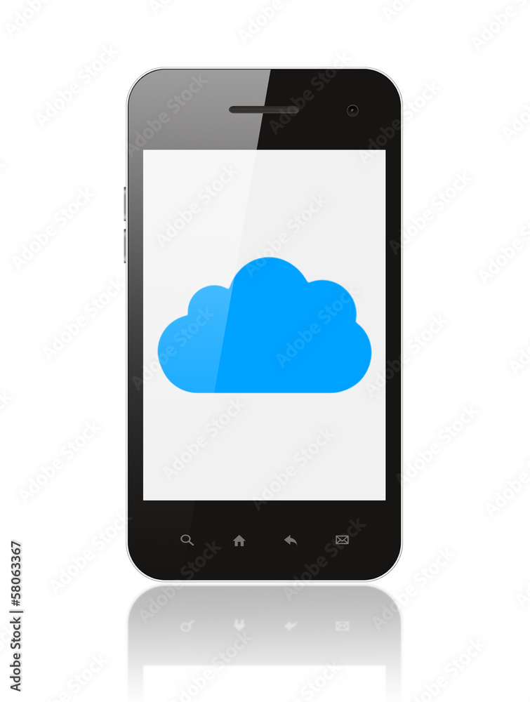 Smart phone with cloud computing concept on white background . Smart phone with cloud computing concept on white background .