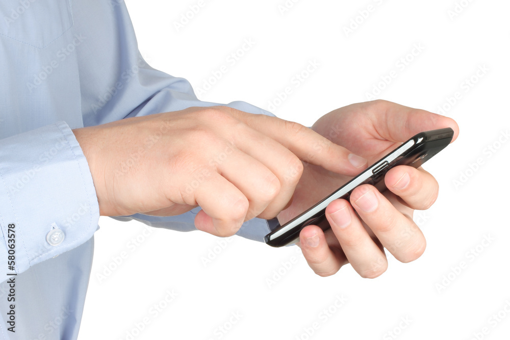 Businessman touching smart phone on white background . Businessman touching smart phone on white background .