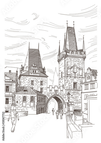 A view of the bridge tower at the end of the Charles Bridge  Pra