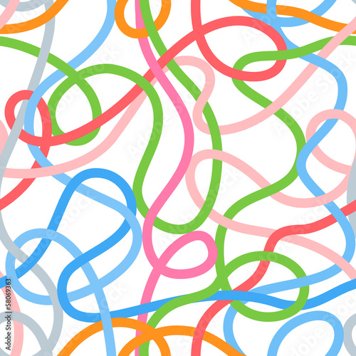 Colorful tangled wires or threads on white seamless pattern