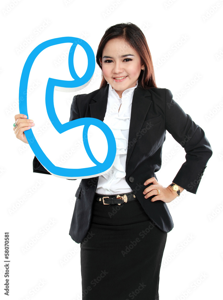 Portrait of businesswoman holding sign of telephone Portrait of businesswoman holding sign of telephone