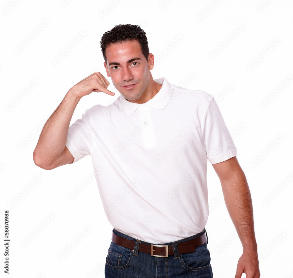 Charming guy standing with talking gesture Charming guy standing with talking gesture