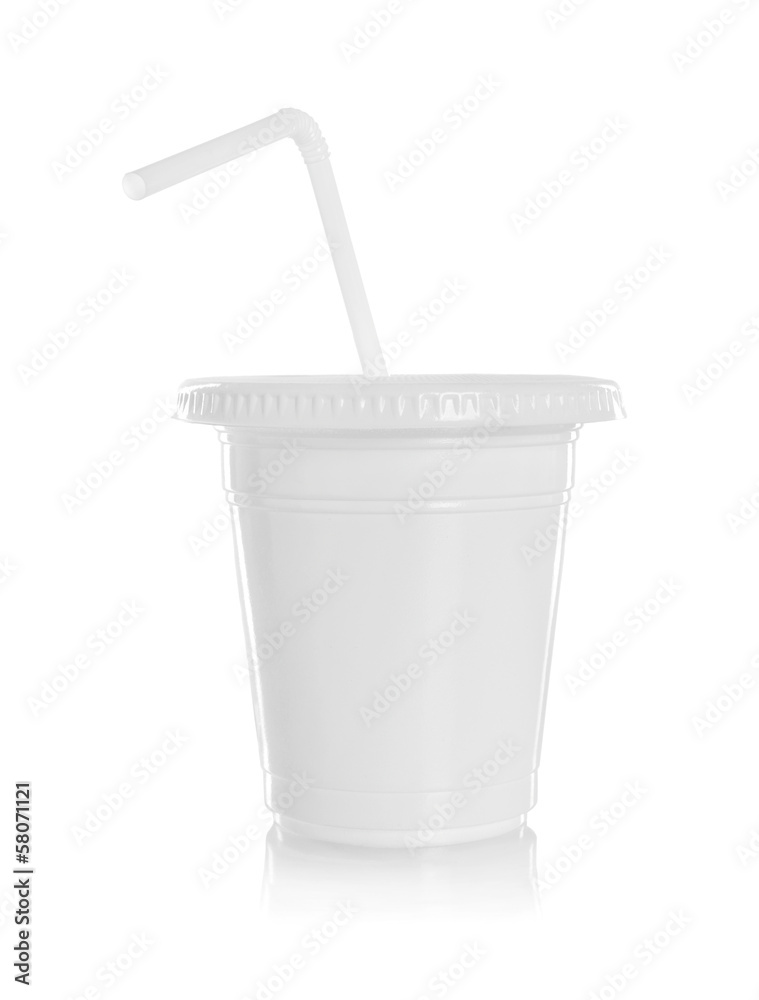 White paper glass with straw isolated on white background White paper glass with straw isolated on white background
