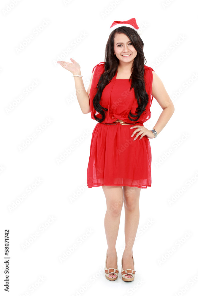 Christmas girl pointing at copy space smile happy Christmas girl pointing at copy space smile happy
