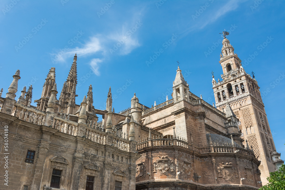 Seville cathedral with the Giralda tower in Spain