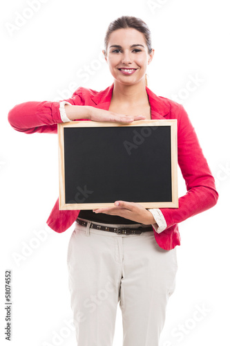 Business woman holding a shalk board photo